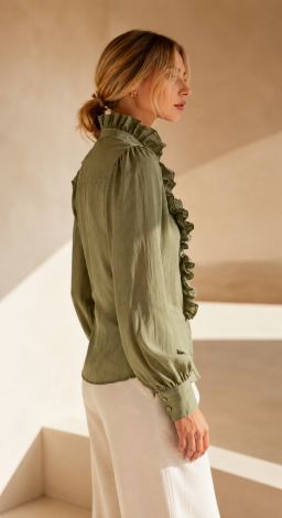 Feminine khaki blouse with ruffles and a stand-up collar 