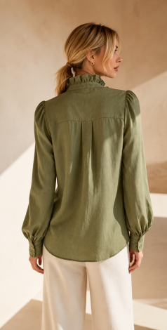 Feminine khaki blouse with ruffles and a stand-up collar 