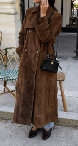 Long trench coat made of premium eco-suede with lining 