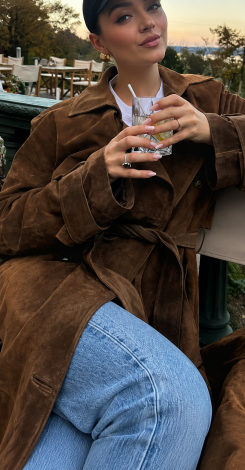 Long trench coat made of premium eco-suede with lining 
