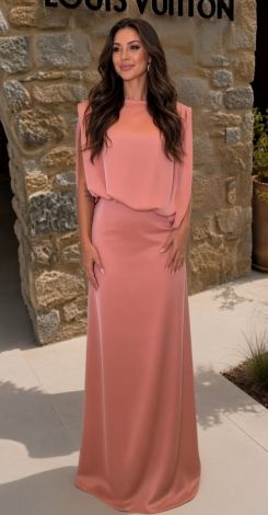 Evening pink silk maxi dress with a designer cape