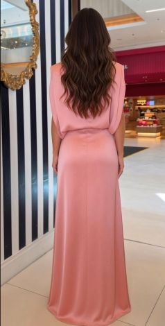 Evening pink silk maxi dress with a designer cape - Image 5