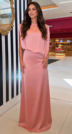 Evening pink silk maxi dress with a designer cape - Image 6