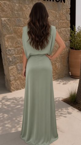 Pistachio-colored silk maxi evening dress with a designer cape - Image 5
