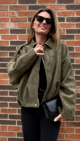 Khaki Faux Suede Oversized Short Jacket