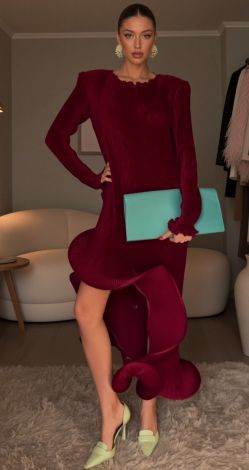 Burgundy silk pleated evening dress with a voluminous flounce
