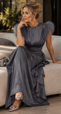 Couture chic steel-gray evening maxi dress with ostrich feathers