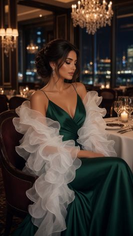 Snow-white organza evening boa stole with lush ruffles