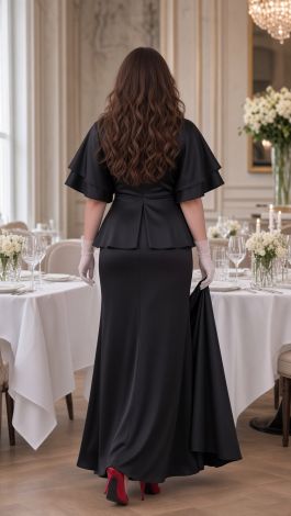 Black Silk Two-Piece Evening Suit with Peplum Jacket and Maxi Skirt