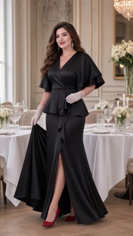 Black Silk Two-Piece Evening Suit with Peplum Jacket and Maxi Skirt - Image 4