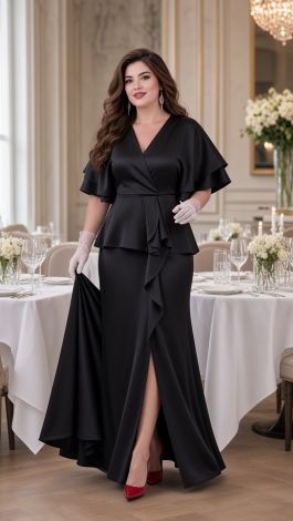 Black Silk Two-Piece Evening Suit with Peplum Jacket and Maxi Skirt