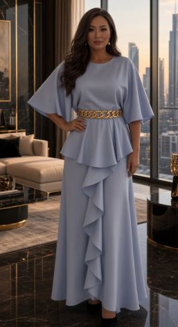 Pattern blue two-piece evening set in dense eco-silk