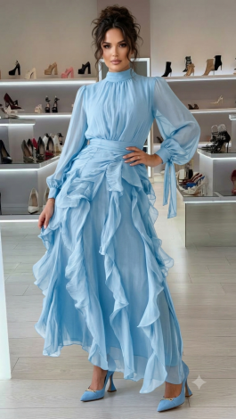 Light Blue Tencel Lined Maxi Evening Dress with Cascading Ruffles