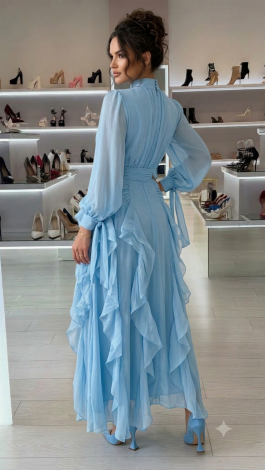 Light Blue Tencel Lined Maxi Evening Dress with Cascading Ruffles