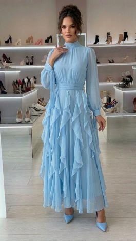 Light Blue Tencel Lined Maxi Evening Dress with Cascading Ruffles - Image 1