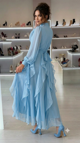 Light Blue Tencel Lined Maxi Evening Dress with Cascading Ruffles