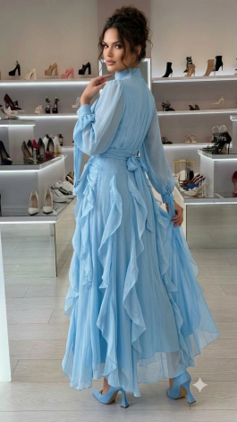 Light Blue Tencel Lined Maxi Evening Dress with Cascading Ruffles - Image 6