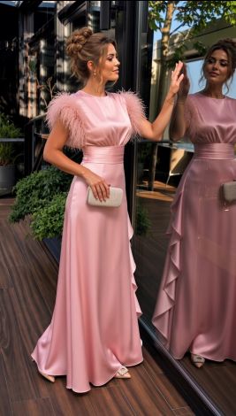 Nude-pink silk maxi evening dress with ostrich feathers and draping