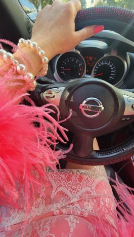 Pink mini evening dress in premium double-knit fabric with ostrich feather sleeves - Image 8