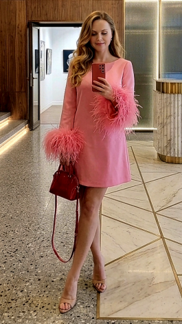 Pink mini evening dress in premium double-knit fabric with ostrich feather sleeves - Image 6