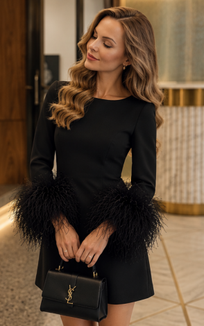 Black mini evening dress with ostrich feather trim on the sleeves 
