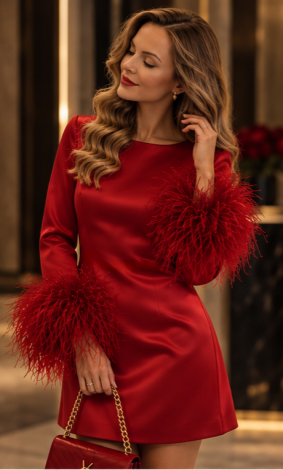 Red Mini Evening Dress with Ostrich Feathers in Iridescent Stretch Fabric
