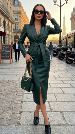 Emerald eco-leather suit with a suede-like backing: belted jacket and midi skirt