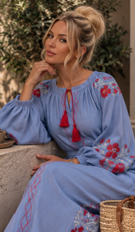 Blue linen maxi dress with embroidery and a tassel belt