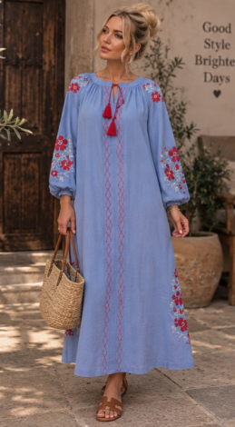 Blue linen maxi dress with embroidery and a tassel belt - Image 4