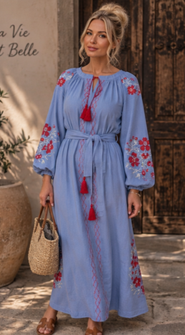Blue linen maxi dress with embroidery and a tassel belt
