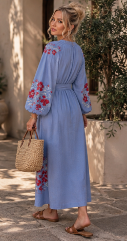 Blue linen maxi dress with embroidery and a tassel belt