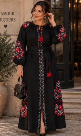 Black linen maxi dress with embroidery, a front slit, and a tasseled belt