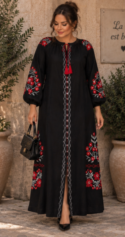 Black linen maxi dress with embroidery, a front slit, and a tasseled belt - Image 4