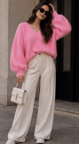 Pink Fluffy Oversized Chunky-Knit V-Neck Sweater - Image 5