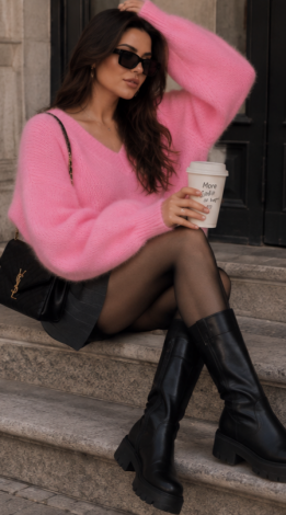 Pink Fluffy Oversized Chunky-Knit V-Neck Sweater