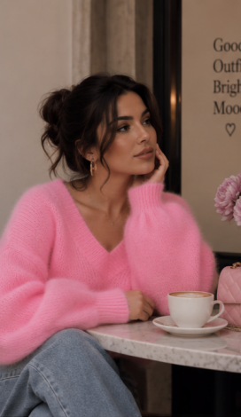 Pink Fluffy Oversized Chunky-Knit V-Neck Sweater - Image 4