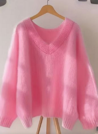 Pink Fluffy Oversized Chunky-Knit V-Neck Sweater