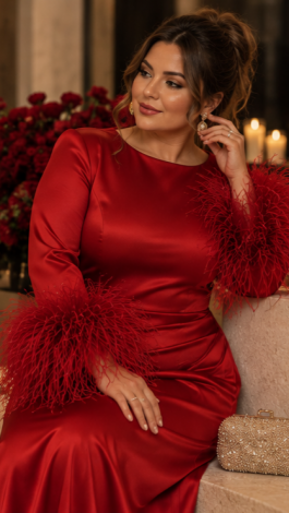 Red maxi evening dress in stretch satin-knit with ostrich feathers and draping 
