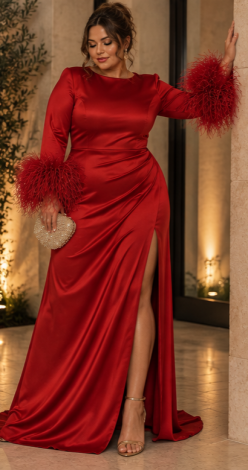 Red maxi evening dress in stretch satin-knit with ostrich feathers and draping 