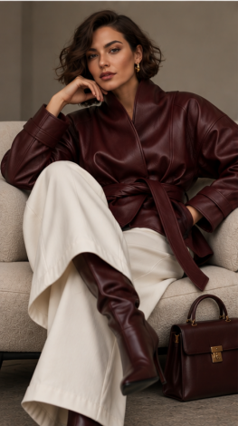 Women's Burgundy Faux Leather Wrap Jacket with Belt