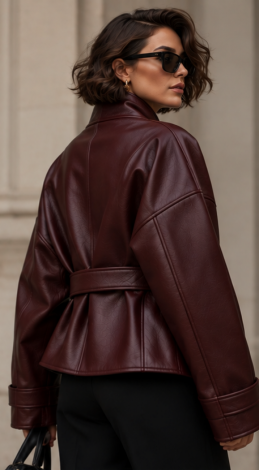 Women's Burgundy Faux Leather Wrap Jacket with Belt