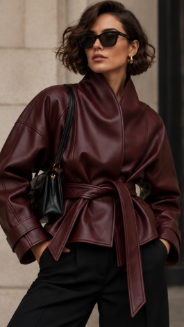 Women's Burgundy Faux Leather Wrap Jacket with Belt