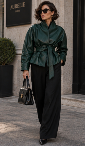 Emerald wrap-style faux leather jacket 