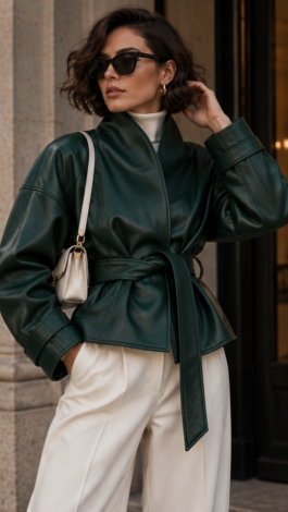 Emerald wrap-style faux leather jacket 