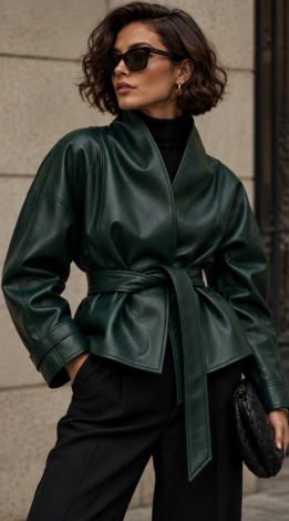 Emerald wrap-style faux leather jacket 