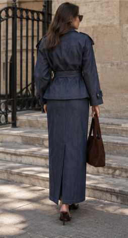 Women's two-piece denim set: trench-style jacket and maxi skirt  - Image 4