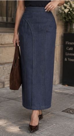 Women's two-piece denim set: trench-style jacket and maxi skirt 