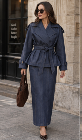 Women's two-piece denim set: trench-style jacket and maxi skirt 