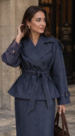 Women's two-piece denim set: trench-style jacket and maxi skirt 