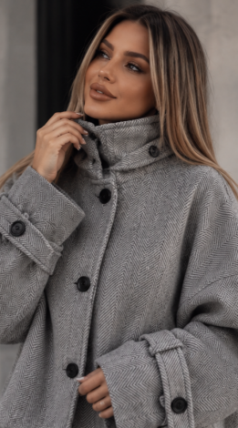 Grey Oversized Cropped Herringbone Cashmere Coat-Jacket